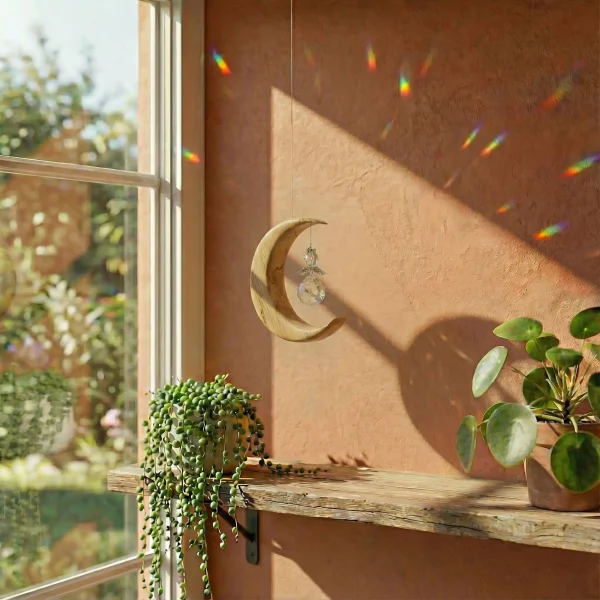 Alternative view of Unique Crystal Suncatcher – Handcrafted Wooden Small Moon Window Decoration
